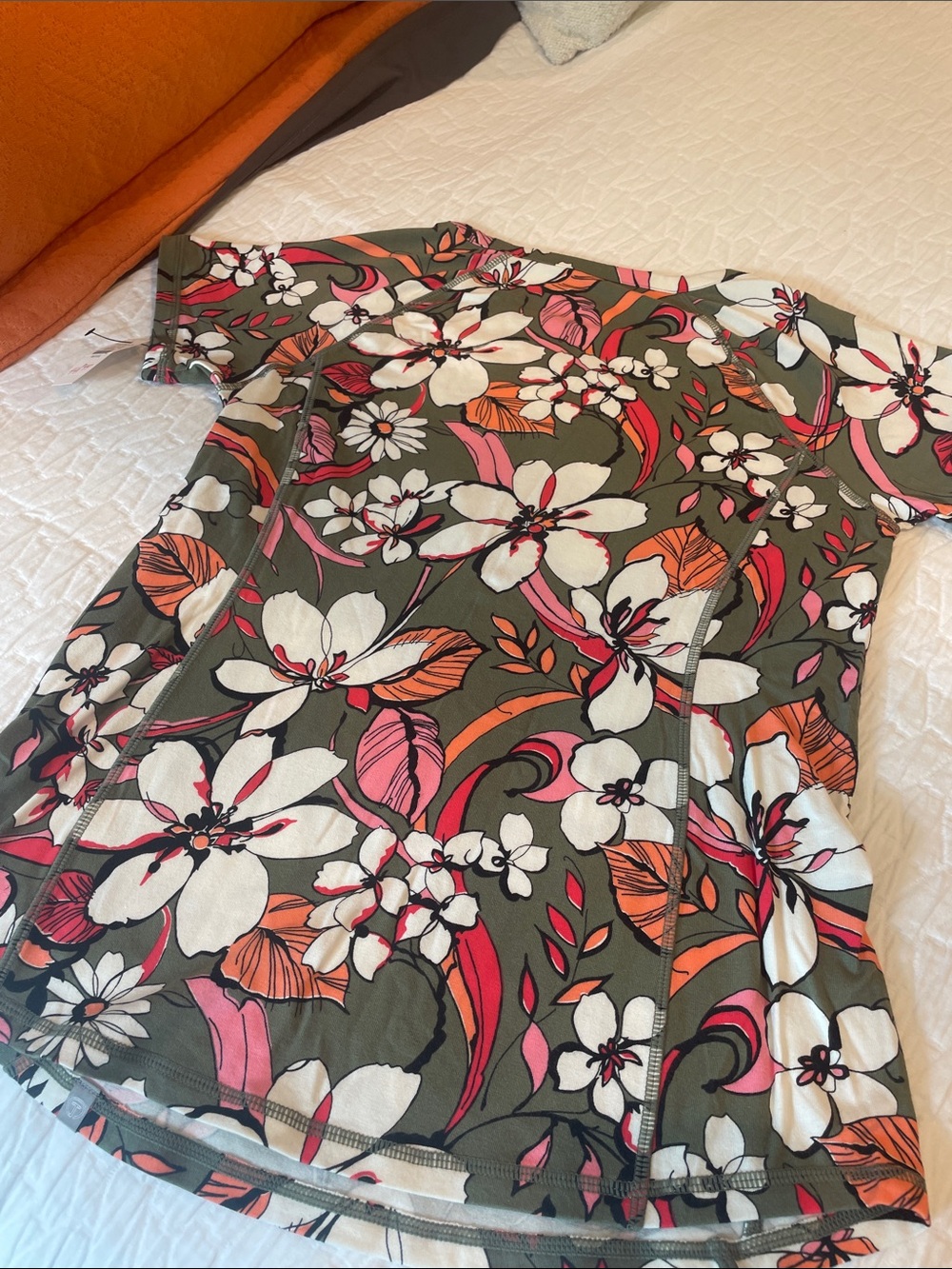 T by Talbots Olive Floral Short Sleeve Tee with Pink, Orange & White Blooms - Picture 7 of 7